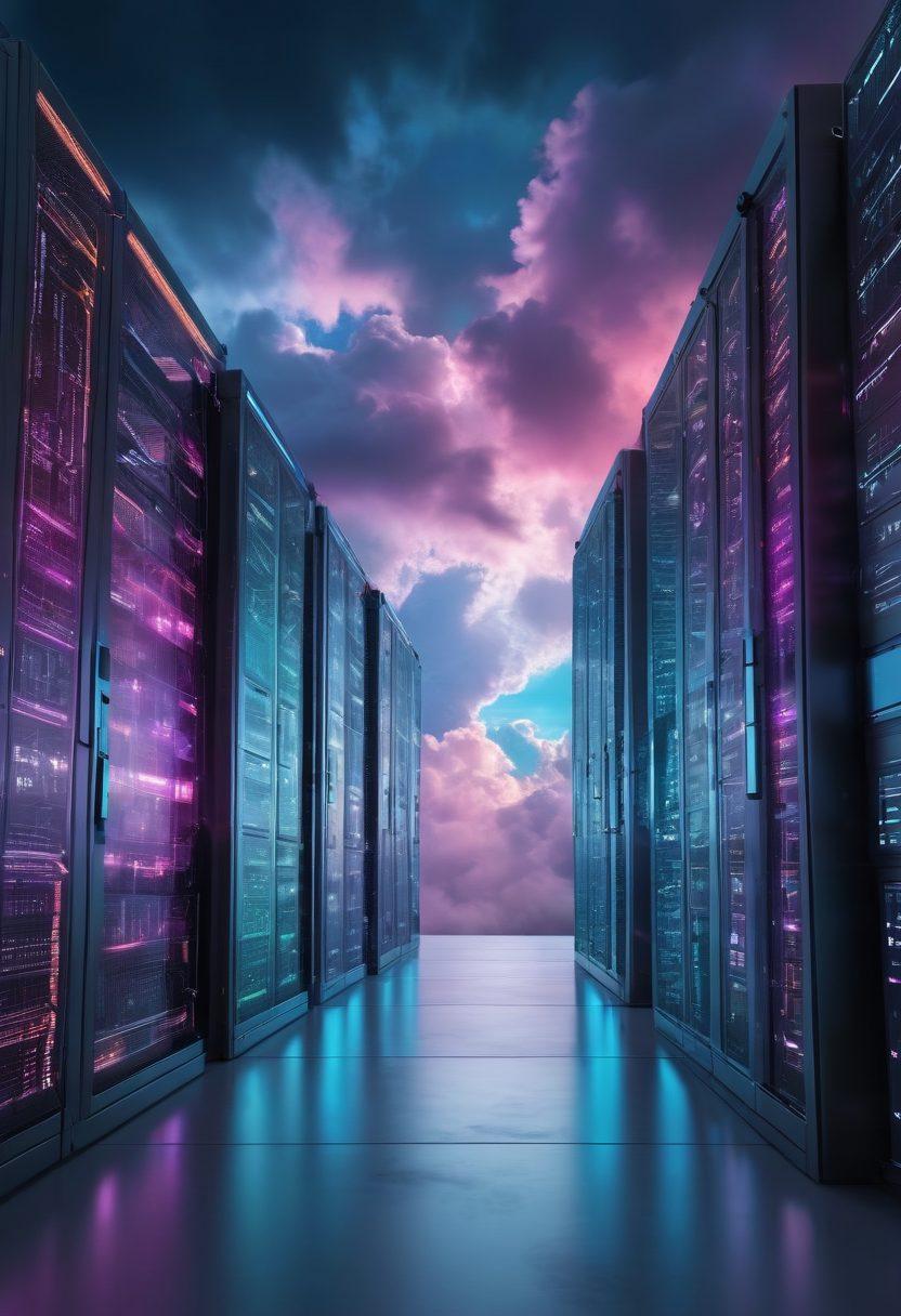 A sleek, futuristic data center floating in the clouds, surrounded by secure digital locks, optimization graphs, and maintenance gears seamlessly integrated with vibrant website interfaces. cyberpunk. vibrant colors. 3D.