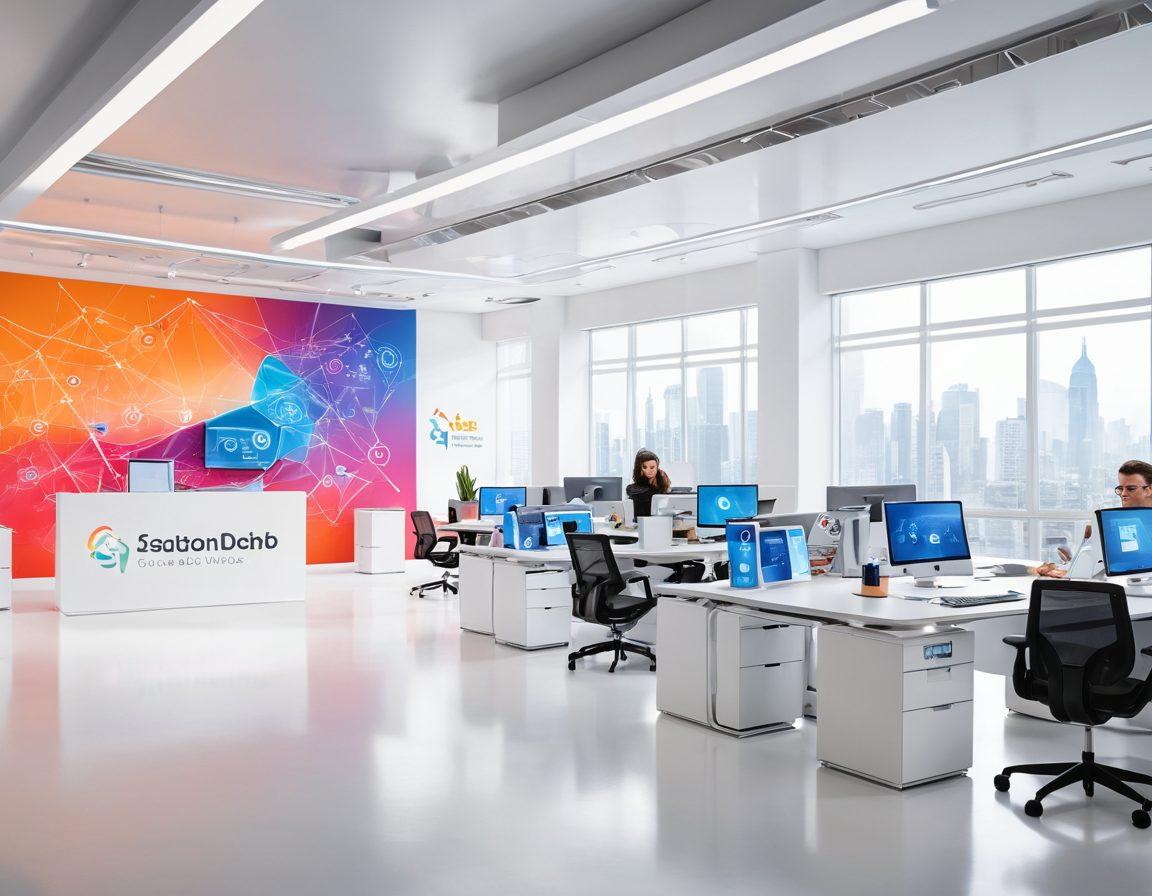 A futuristic, sleek office workspace bustling with activity, with professionals collaborating on high-tech devices and dynamic digital interfaces showcasing web solutions, analytics, and vibrant graphs. Prominent, modern S&B Technologies logo seamlessly integrated into the scene, symbolizing innovation and comprehensive digital success. super-realistic. vibrant colors. high-tech. white background.